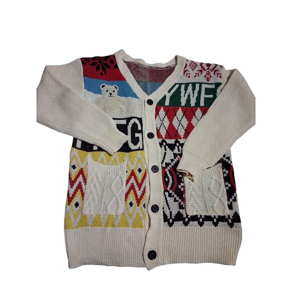 Vintage YWFG Dopamine Grandpa Cable Knit Preppy Festival Bear Cardigan Sweater - Picture 5 of 12